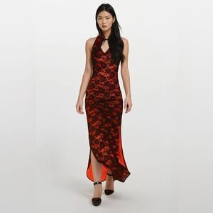 Red black lace Qipao